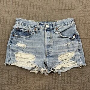 Levi's 501 Shorts Women's 27 Blue Button Fly Cut Off Distressed Denim Jean Jorts